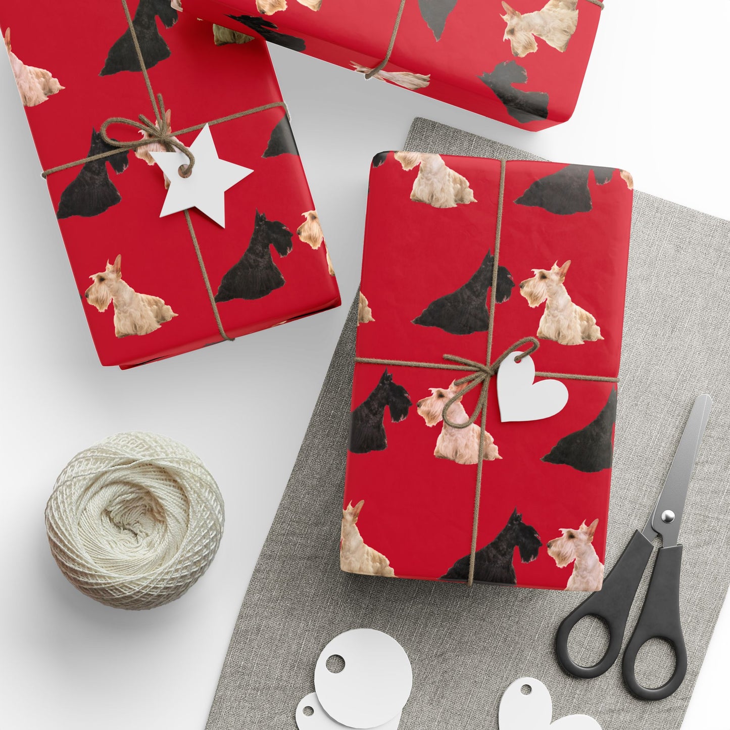 Festive Black and White Scottish Terrier Wrapping Paper for Gift Giving, Holiday, Birthday, Party, Pet Lovers, Cute Dog Design, Red Background