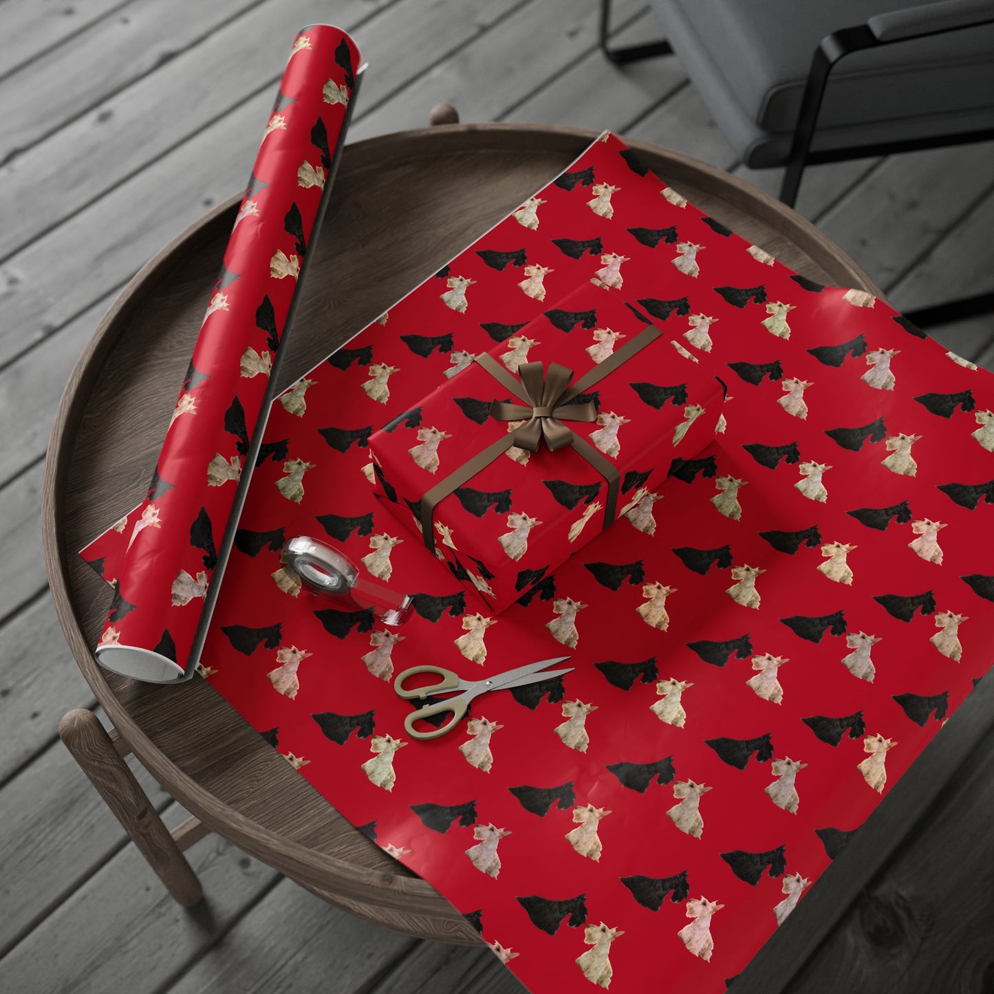 Festive Black and White Scottish Terrier Wrapping Paper for Gift Giving, Holiday, Birthday, Party, Pet Lovers, Cute Dog Design, Red Background