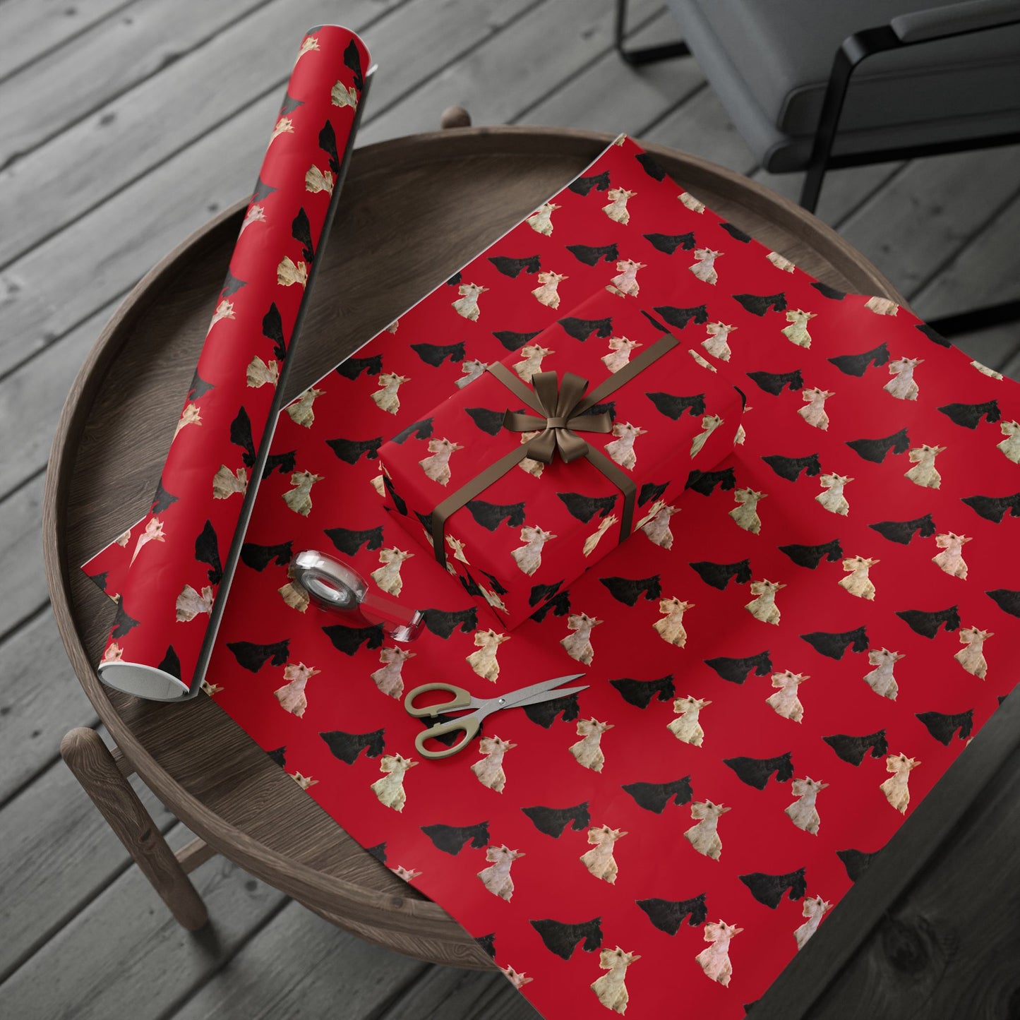 Festive Black and White Scottish Terrier Wrapping Paper for Gift Giving, Holiday, Birthday, Party, Pet Lovers, Cute Dog Design, Red Background