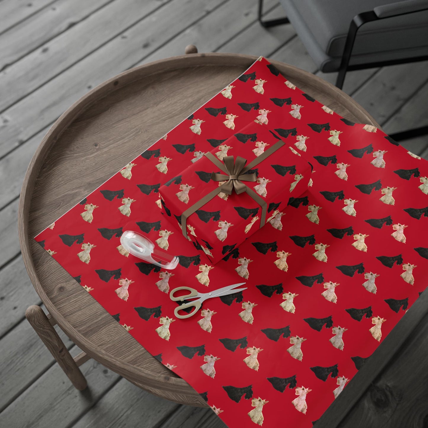 Festive Black and White Scottish Terrier Wrapping Paper for Gift Giving, Holiday, Birthday, Party, Pet Lovers, Cute Dog Design, Red Background