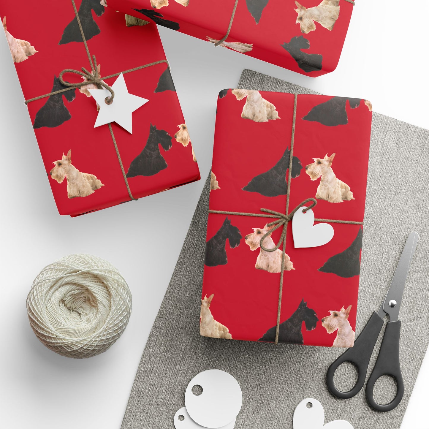 Festive Black and White Scottish Terrier Wrapping Paper for Gift Giving, Holiday, Birthday, Party, Pet Lovers, Cute Dog Design, Red Background